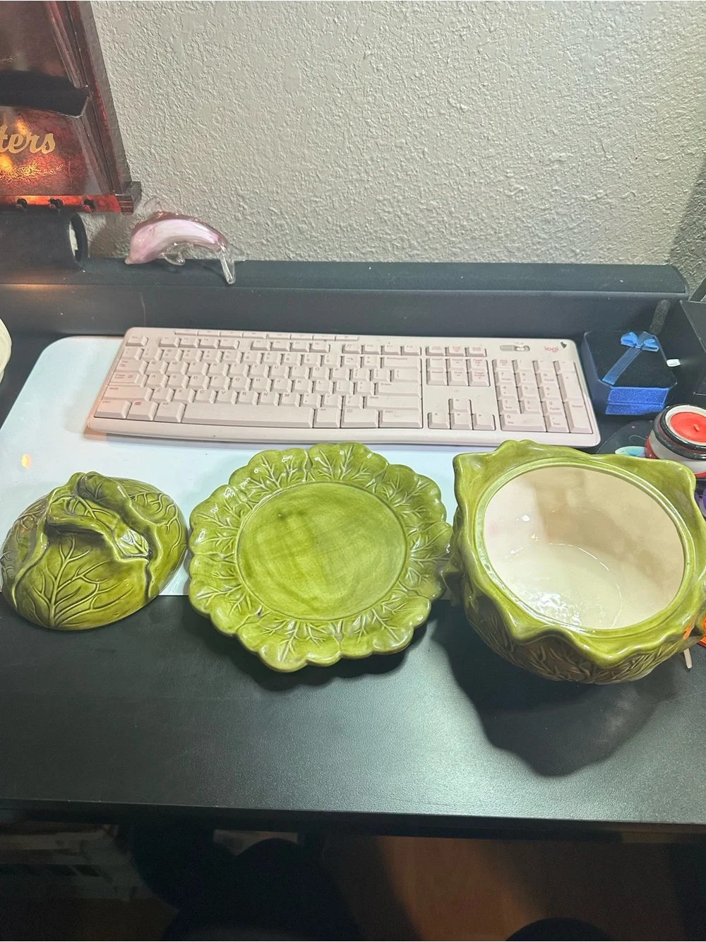 Green Ceramic Leaf Bowl with Matching Saucer - Decorative Dinnerware